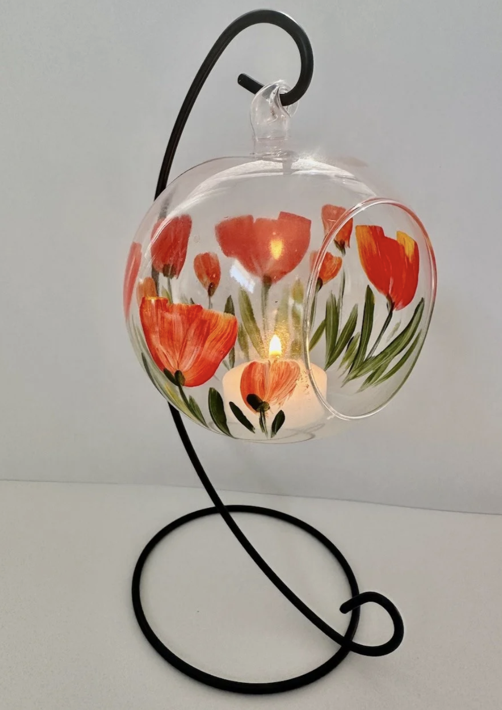 Painted Glass Votive Tea Light Candle Holder On A Metal Stand ~ Red Tulips
