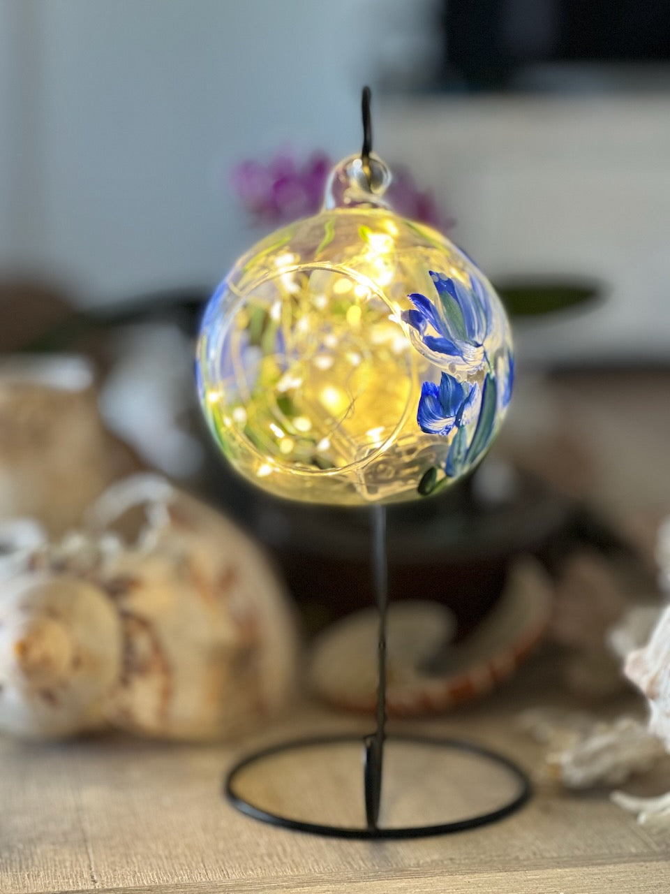 Painted Glass Votive Tea Light Candle Holder On A Metal Stand ~ Blue Florals