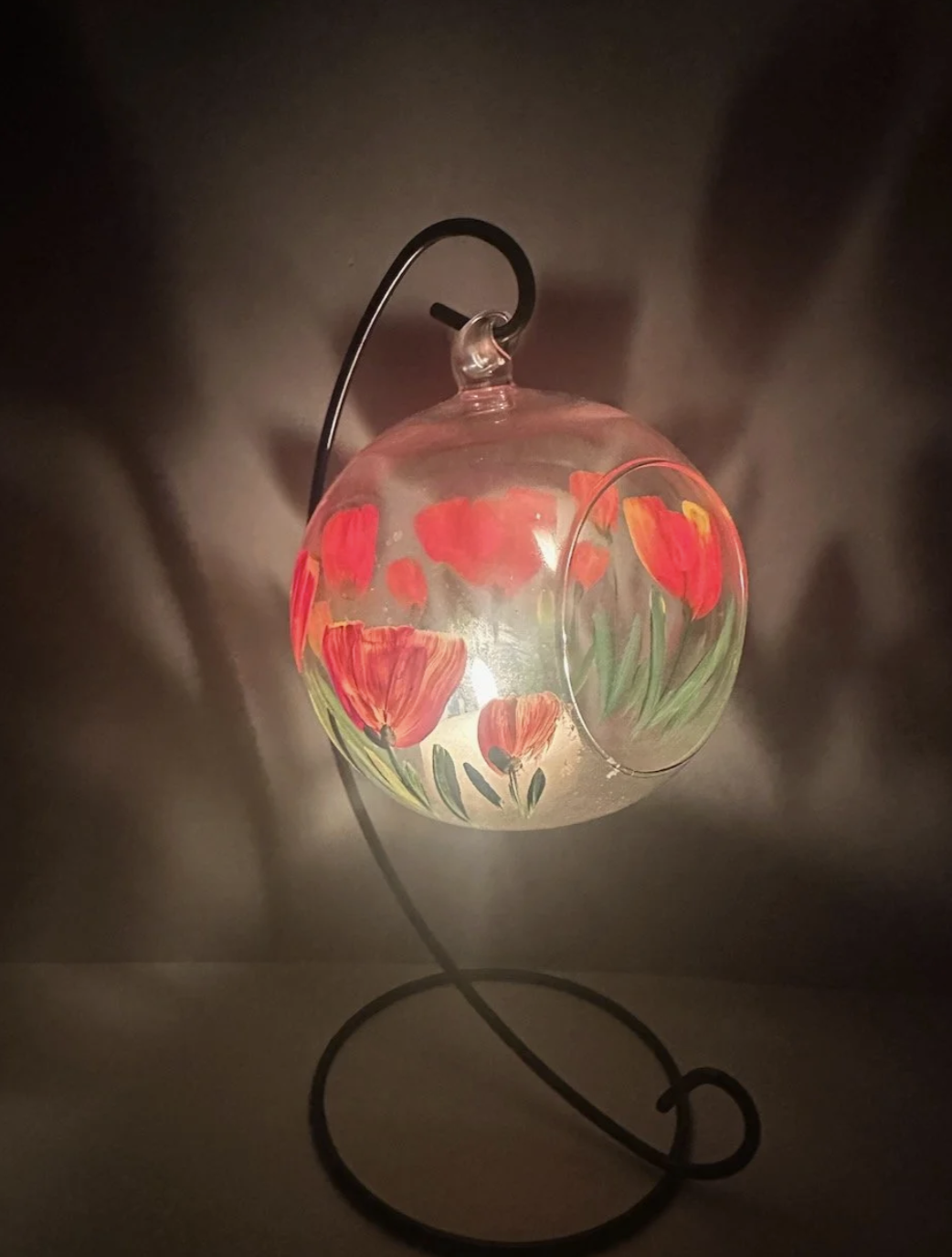Painted Glass Votive Tea Light Candle Holder On A  Metal Stand ~ Red Tulips