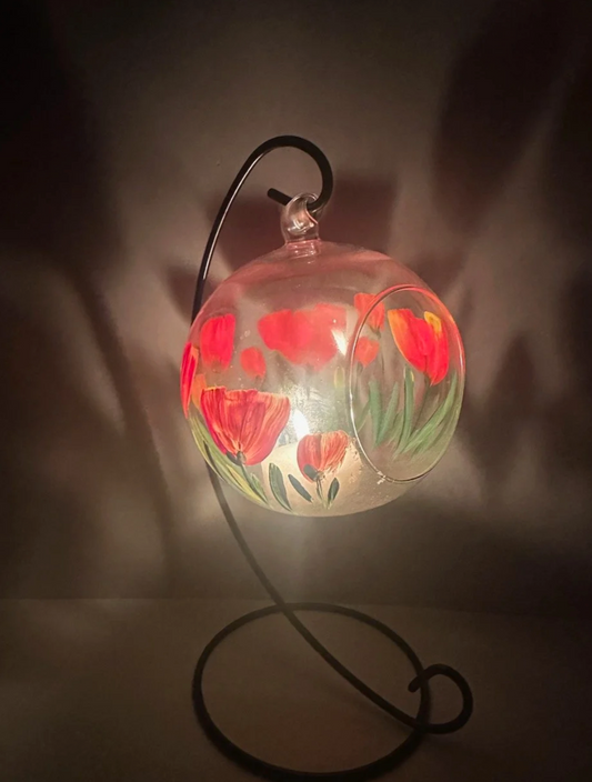 Painted Glass Votive Tea Light Candle Holder On A  Metal Stand ~ Red Tulips