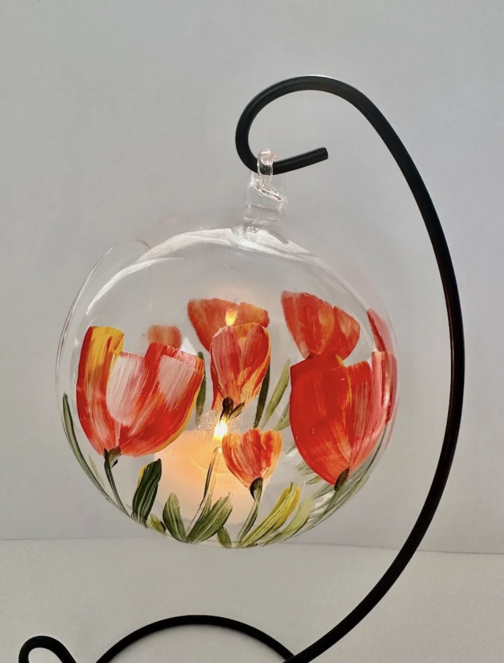 Painted Glass Votive Tea Light Candle Holder On A  Metal Stand ~ Red Tulips