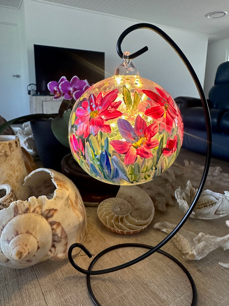 Painted Glass Votive Tea Light Candle Holder On A  Metal Stand ~ Pink Florals