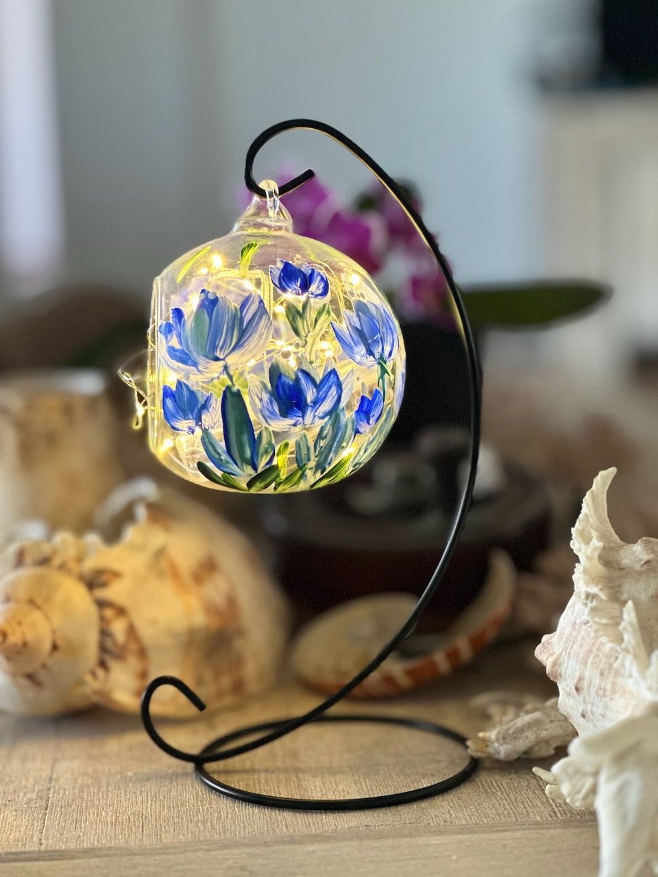 Painted Glass Votive Tea Light Candle Holder On A  Metal Stand ~ Blue Florals