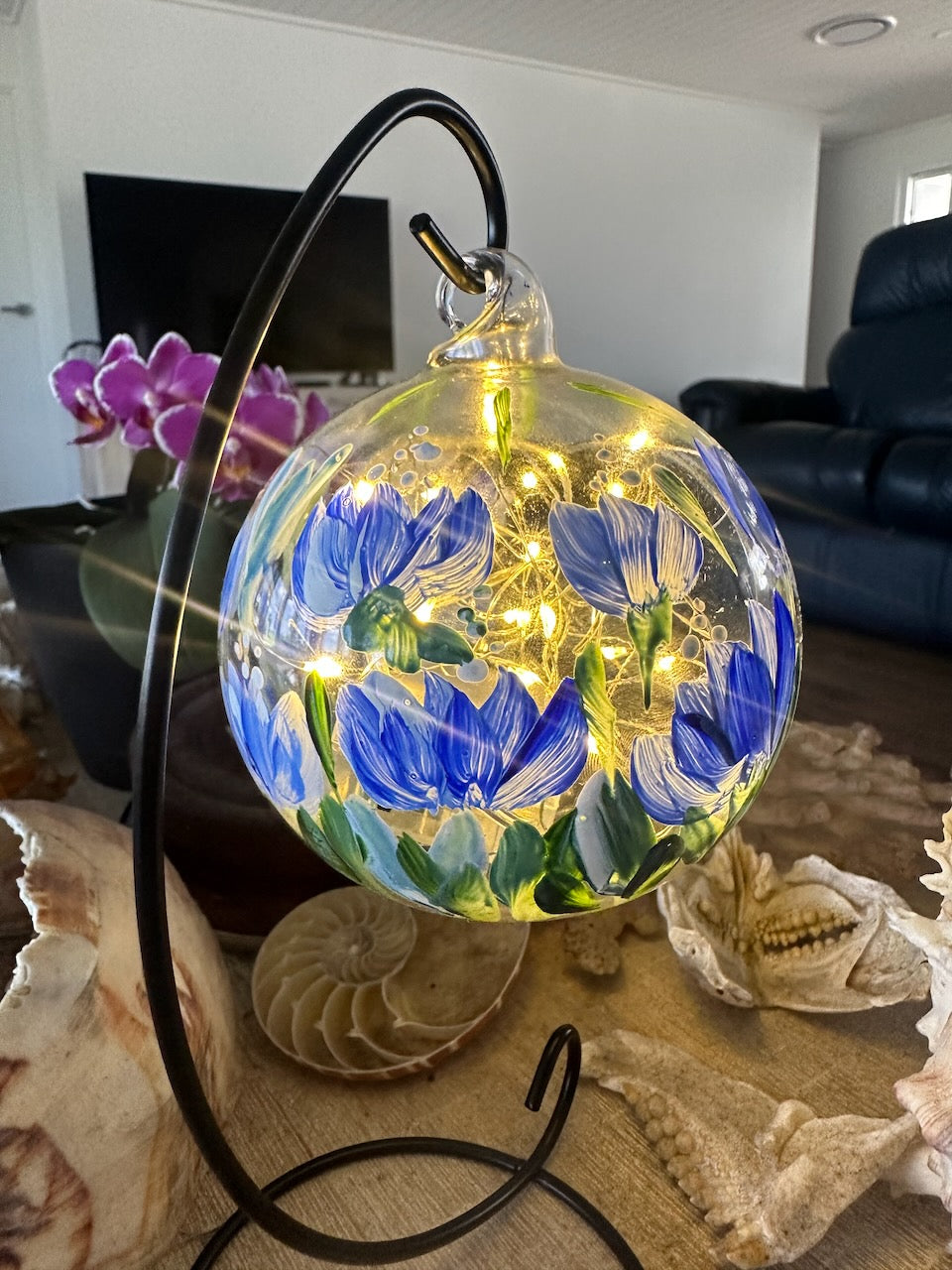 Painted Glass Votive Tea Light Candle Holder On A  Metal Stand ~ Blue Florals