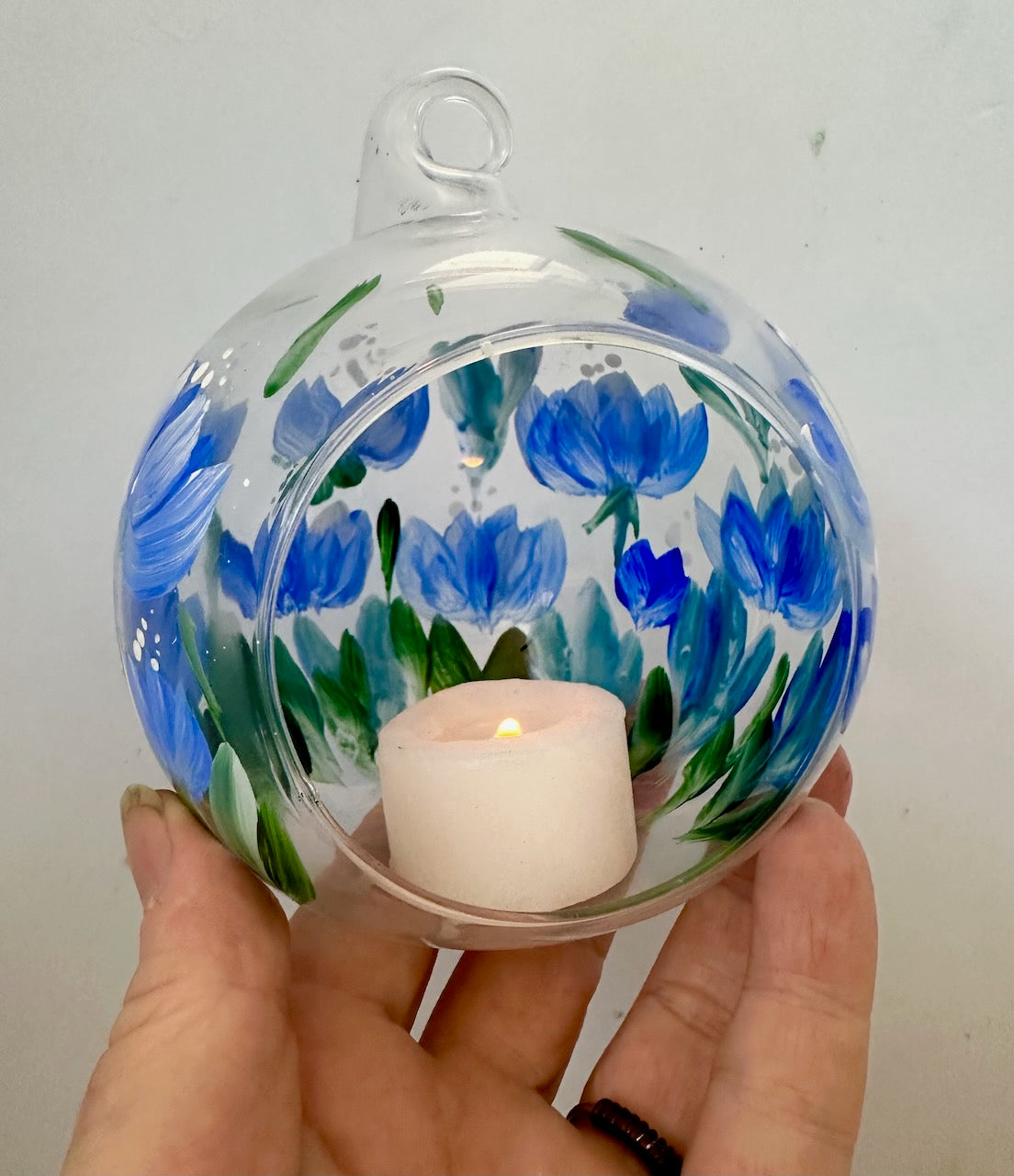 Painted Glass Votive Tea Light Candle Holder On A  Metal Stand ~ Blue Florals