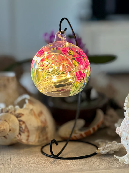 Painted Glass Votive Tea Light Candle Holder On A  Metal Stand ~ Pink Florals