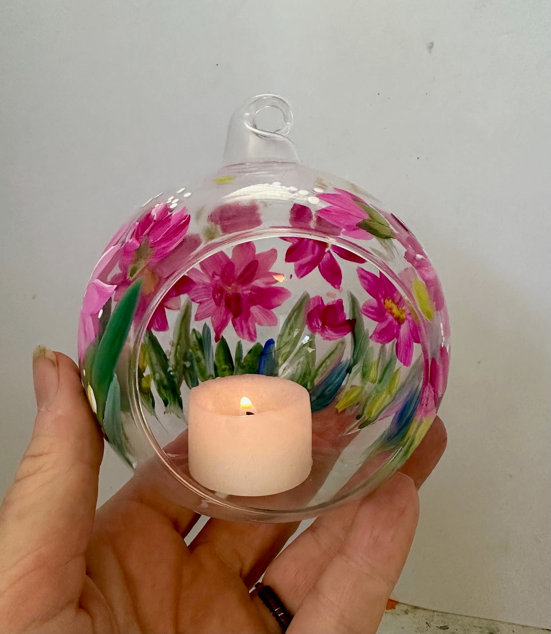 Painted Glass Votive Tea Light Candle Holder On A  Metal Stand ~ Pink Florals