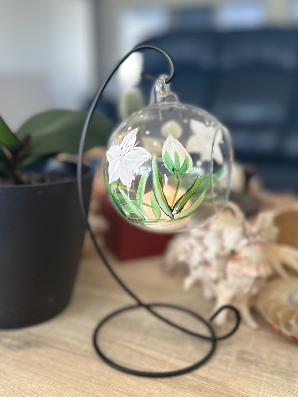 Hand Painted Candle Holder ~ White Lily