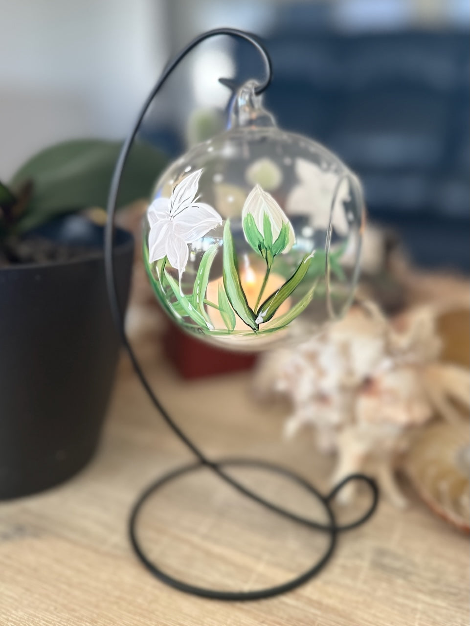 Hand Painted Candle Holder ~ White Lily