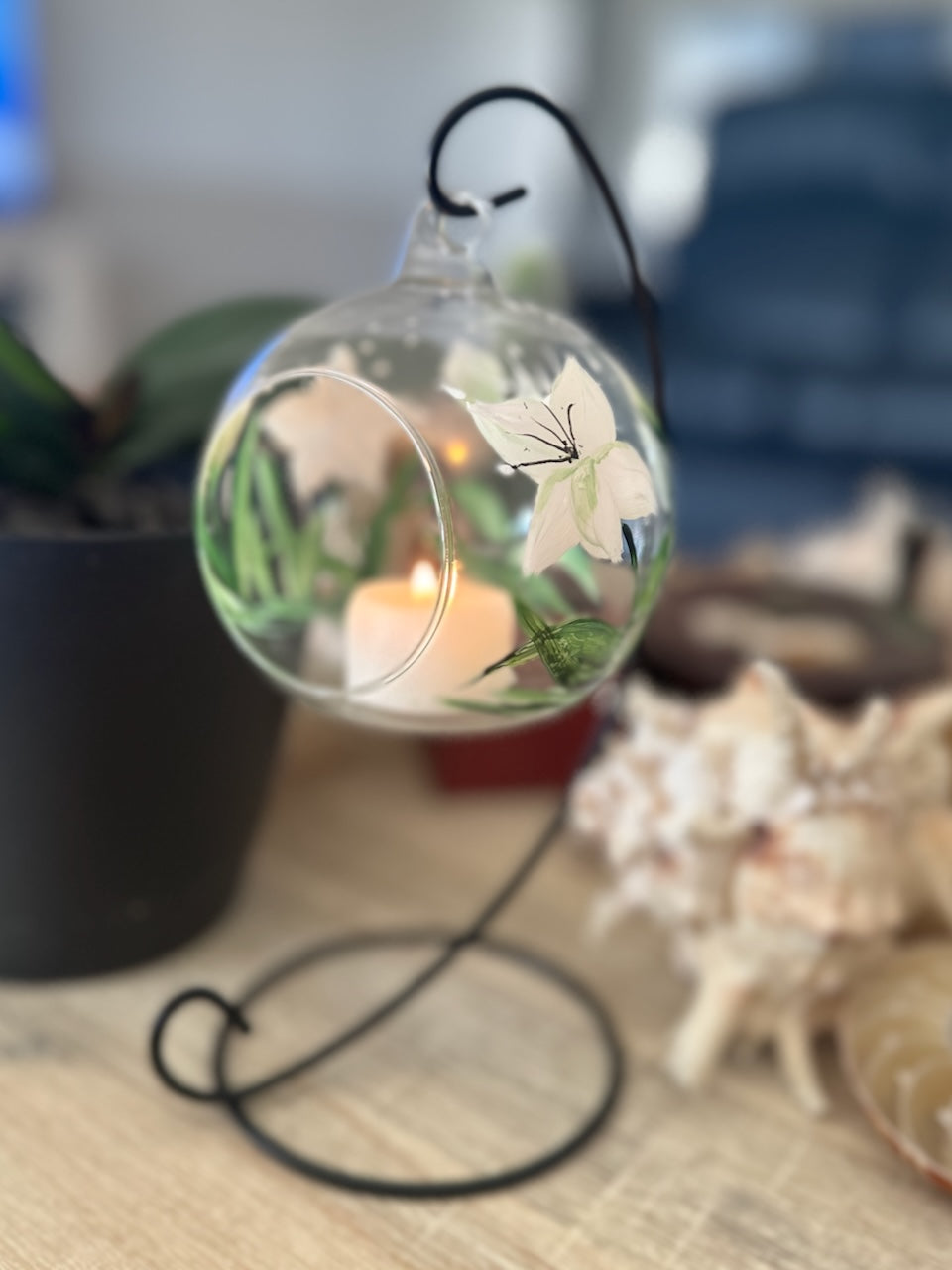 Hand Painted Candle Holder ~ White Lily