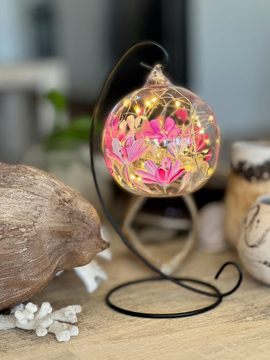 Painted Glass Votive Tea Light Candle Holder On A  Metal Stand ~ Pale Pink Floral