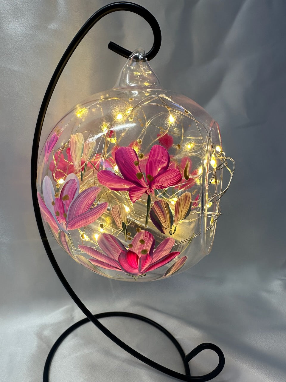 Painted Glass Votive Tea Light Candle Holder On A  Metal Stand ~ Pale Pink Floral