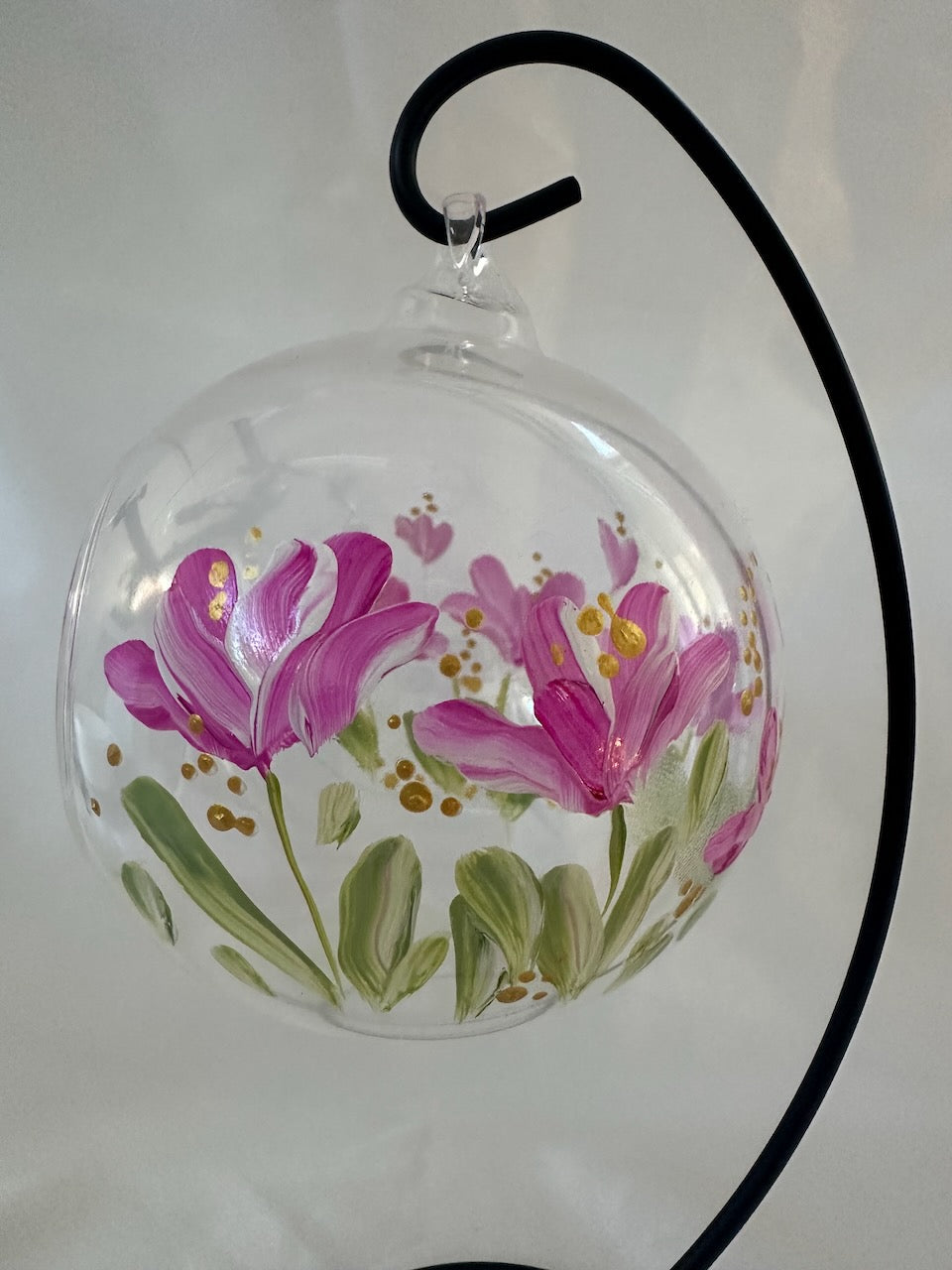 Painted Glass Votive Tea Light Candle Holder On A  Metal Stand ~ Pale Pink Floral